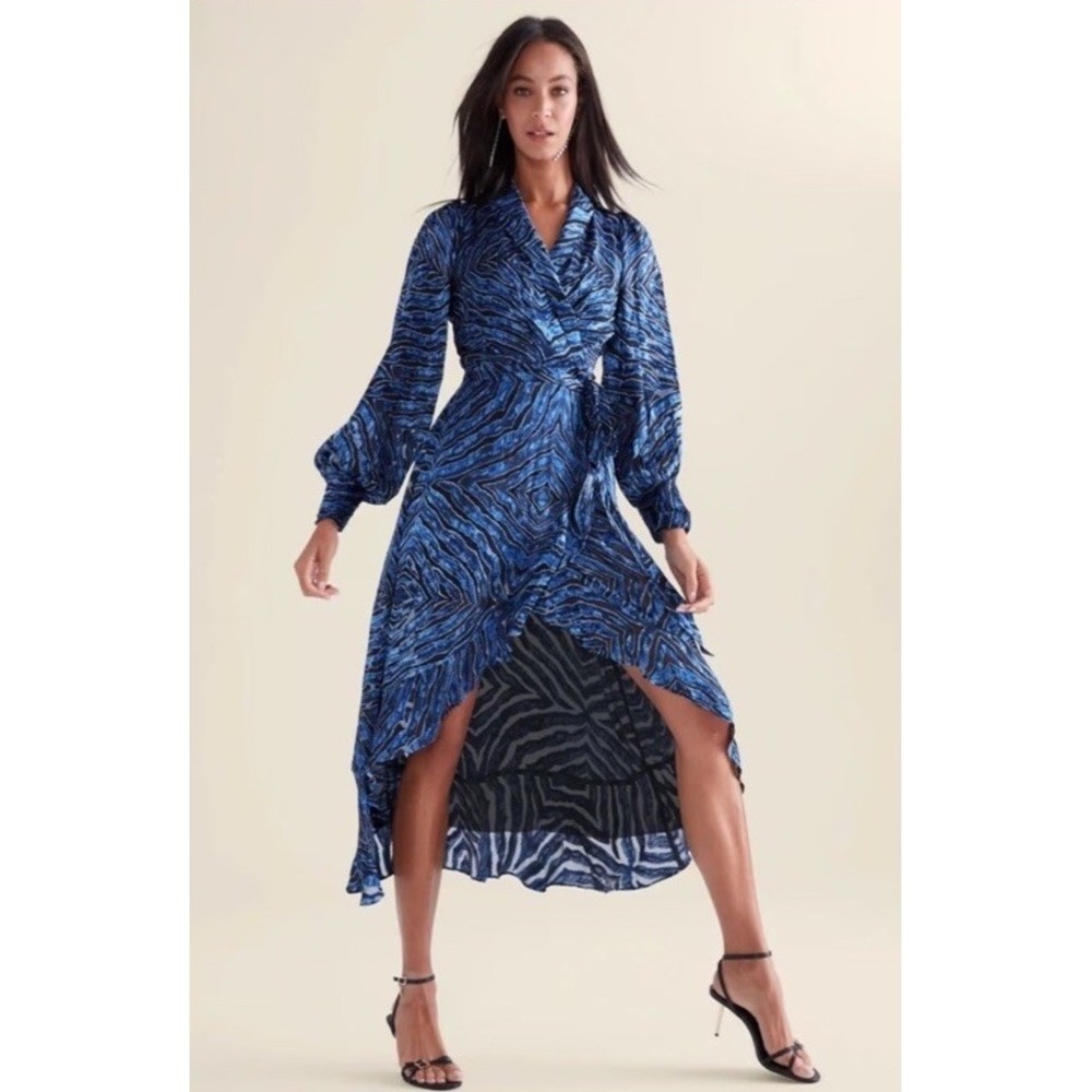 White House Black Market Long Sleeve Silk Burnout Blue Wrap Dress High/Low Sz 8